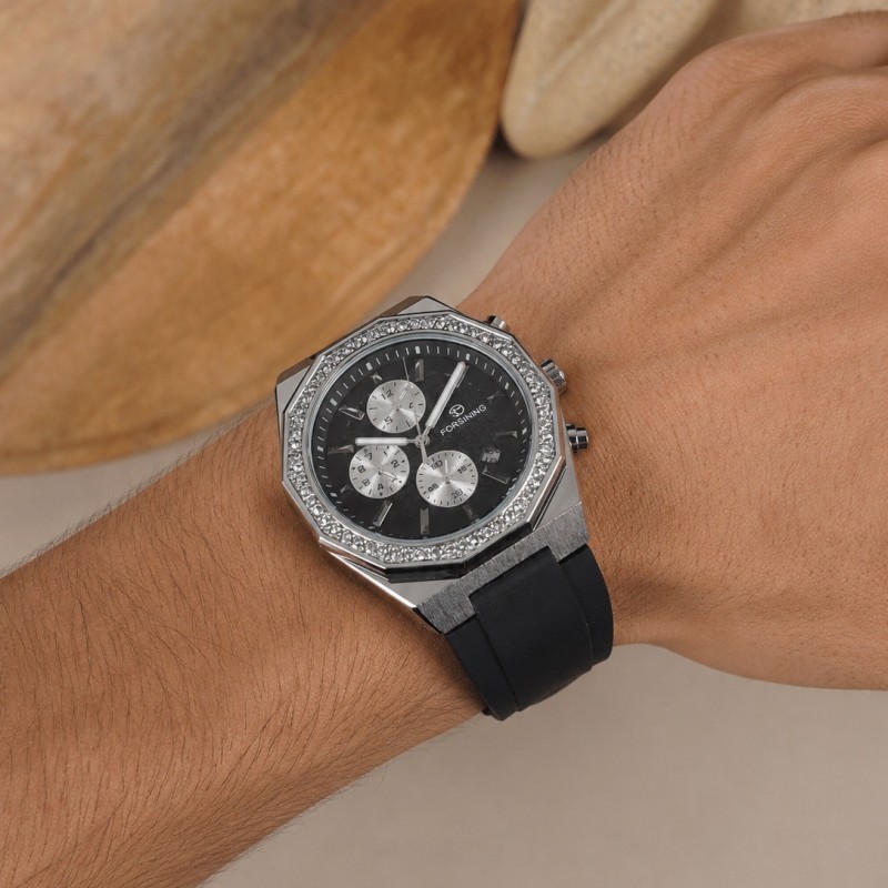 Мужские механические часы Forsining 8314 Black-Silver с автоподзаводом и календарем