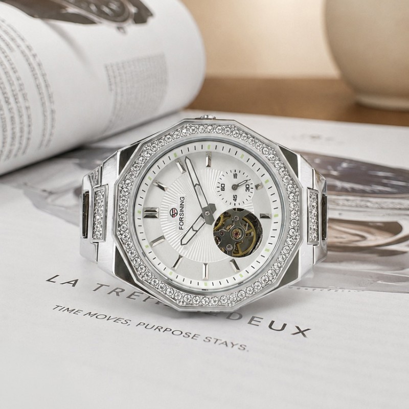 Мужские механические часы Forsining 8313 Silver-White Steel с автоподзаводом и люминесценцией