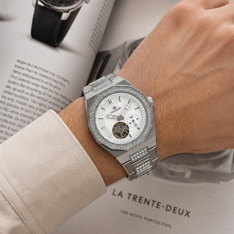 Мужские механические часы Forsining 8313 Silver-White Steel с автоподзаводом и люминесценцией