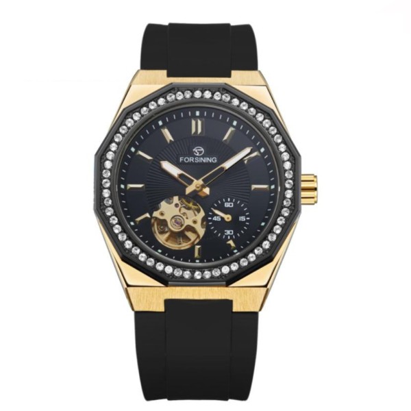 Мужские механические часы Forsining 8313 Black-Gold-Black с автоподзаводом и силиконовым ремешком