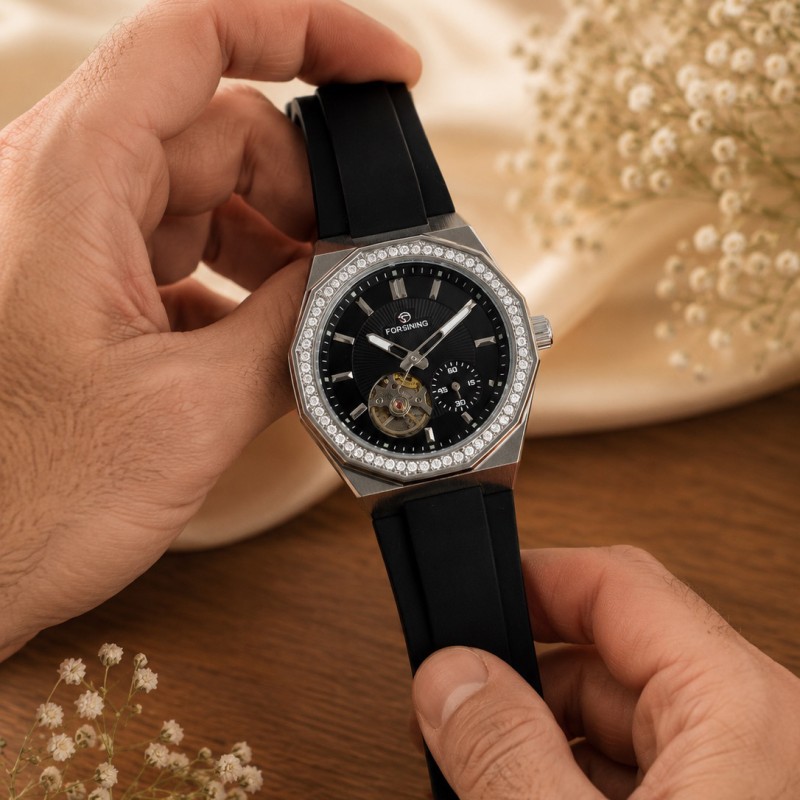 Мужские механические часы Forsining 8313 Black-Silver-Black с автоподзаводом и силиконовым ремешком