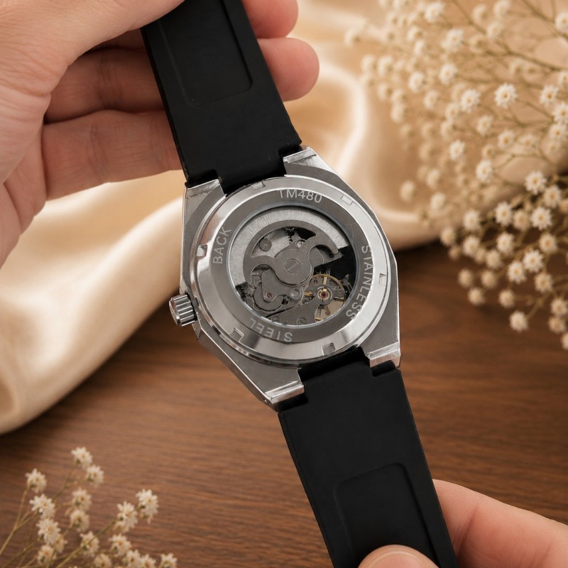 Мужские механические часы Forsining 8313 Black-Silver-Black с автоподзаводом и силиконовым ремешком