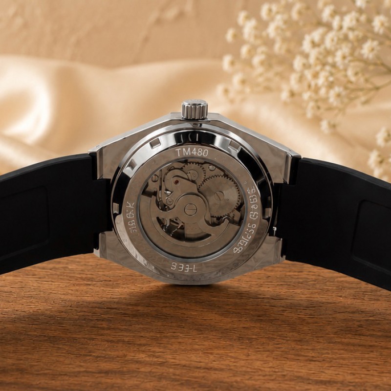 Мужские механические часы Forsining 8313 Black-Silver-Black с автоподзаводом и силиконовым ремешком