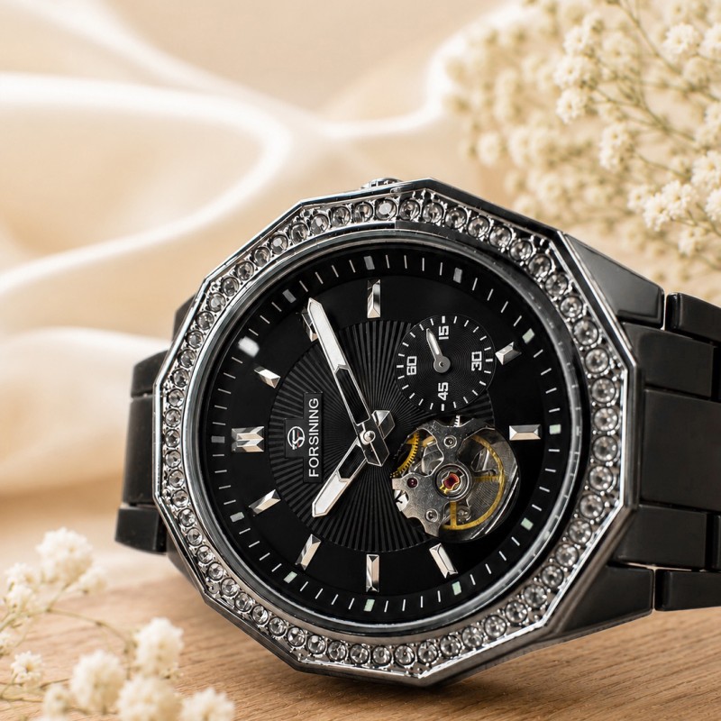 Мужские механические часы Forsining 8313 Black-Silver-Black с автоподзаводом и силиконовым ремешком