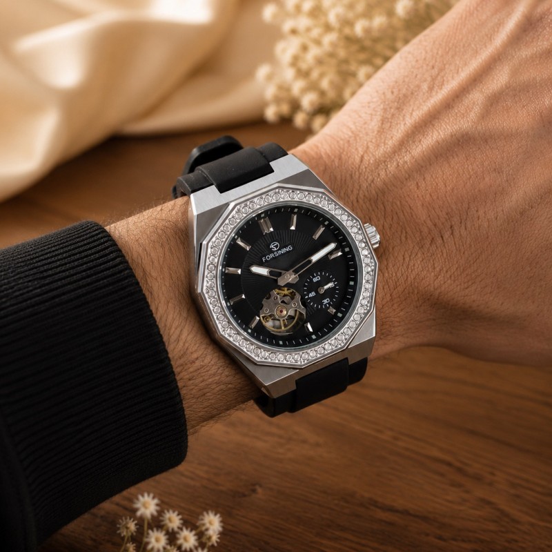 Мужские механические часы Forsining 8313 Black-Silver-Black с автоподзаводом и силиконовым ремешком