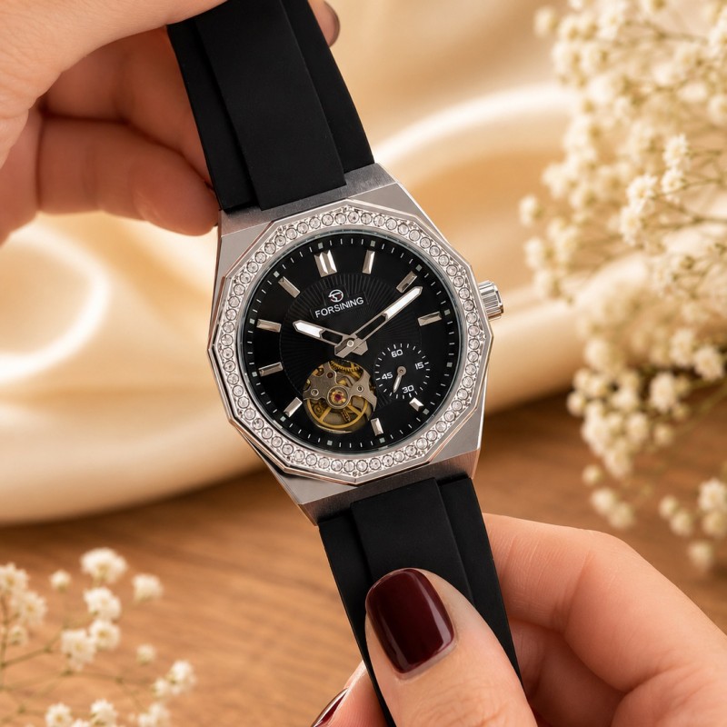 Мужские механические часы Forsining 8313 Black-Silver-Black с автоподзаводом и силиконовым ремешком