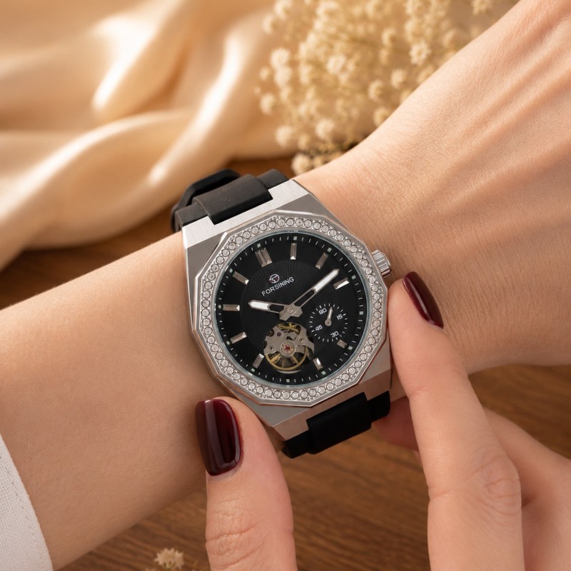 Мужские механические часы Forsining 8313 Black-Silver-Black с автоподзаводом и силиконовым ремешком