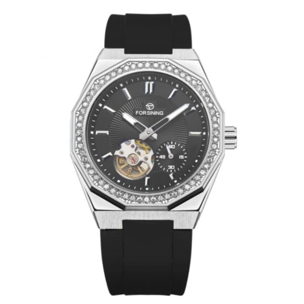 Мужские механические часы Forsining 8313 Black-Silver-Black с автоподзаводом и силиконовым ремешком