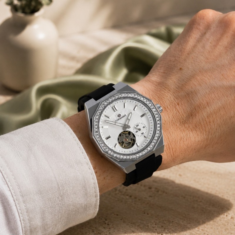 Мужские механические часы Forsining 8313 Black-Silver-White с автоподзаводом и люминесценцией