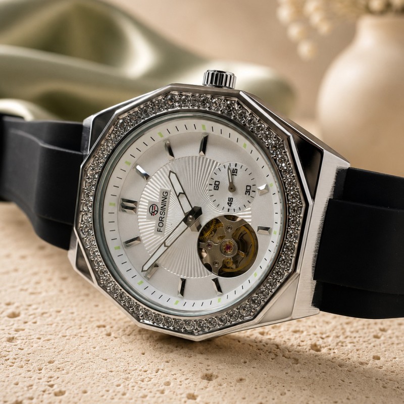Мужские механические часы Forsining 8313 Black-Silver-White с автоподзаводом и люминесценцией