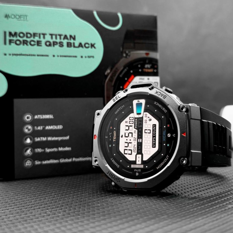 Умные часы Modfit Titan Force GPS Black с AMOLED дисплеем и защитой 5 ATM