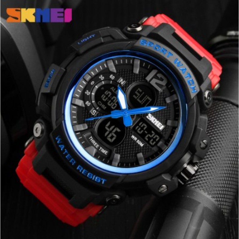 Чоловічий спортивний годинник Skmei 1343 Black-Blue-Red з комбінованим циферблатом та водонепроникністю 5 ATM