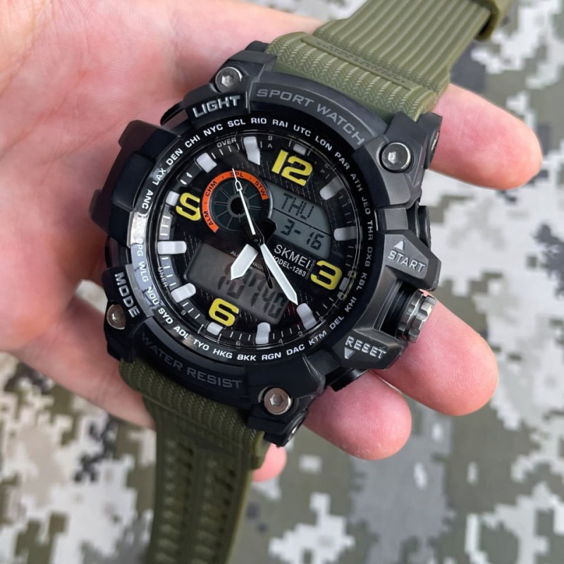 Мужские тактические часы Skmei 1283 Black-Military с комбинированным циферблатом и подсветкой