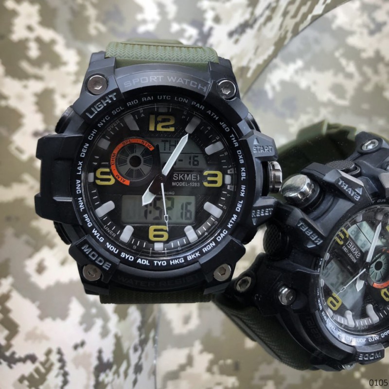 Мужские тактические часы Skmei 1283 Black-Military с комбинированным циферблатом и подсветкой