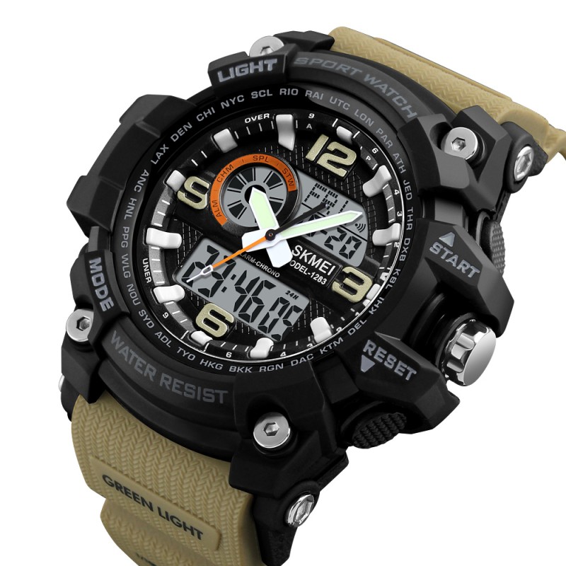 Мужские тактические часы Skmei 1283 Black-Khaki Wristband с двойным циферблатом и подсветкой