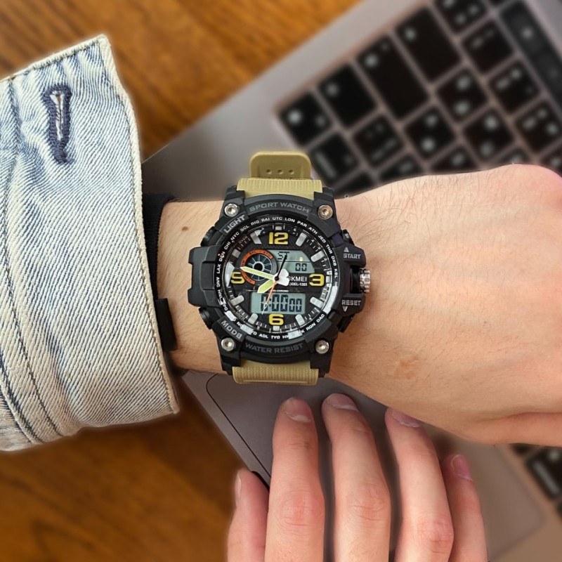 Мужские тактические часы Skmei 1283 Black-Khaki Wristband с двойным циферблатом и подсветкой