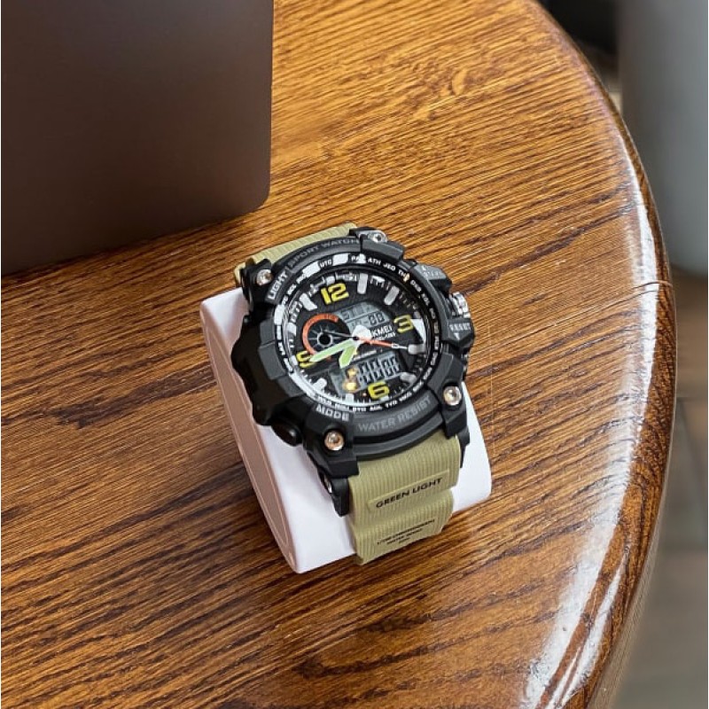 Мужские тактические часы Skmei 1283 Black-Khaki Wristband с двойным циферблатом и подсветкой