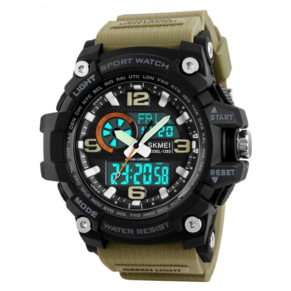 Мужские тактические часы Skmei 1283 Black-Khaki Wristband с двойным циферблатом и подсветкой