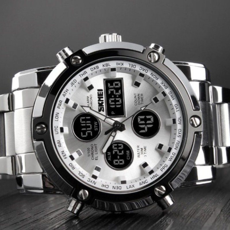 Мужские часы Skmei 1389SI Silver-Black-Silver со стрелочно-электронным циферблатом и подсветкой