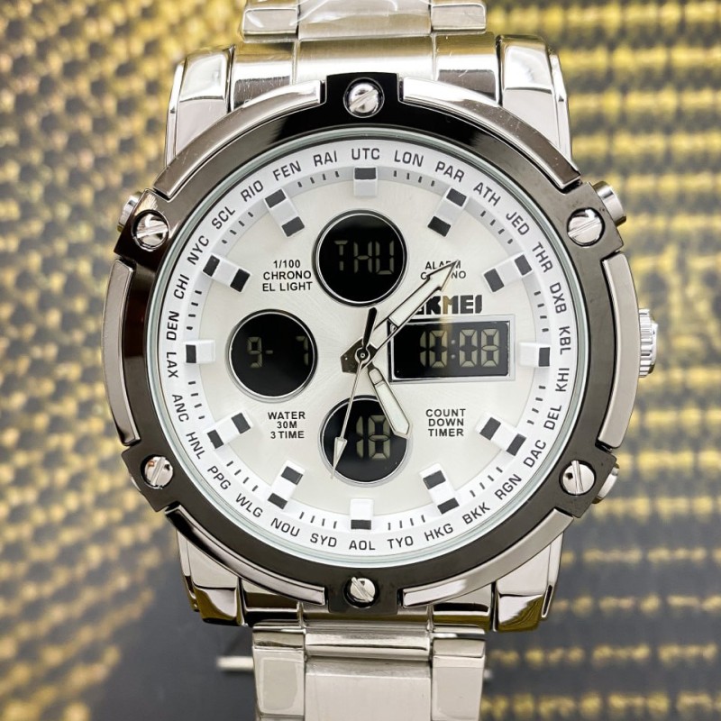 Мужские часы Skmei 1389SI Silver-Black-Silver со стрелочно-электронным циферблатом и подсветкой