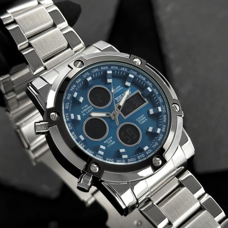 Мужские часы Skmei 1389BU Silver-Black-Blue со стрелочно-электронным циферблатом и подсветкой