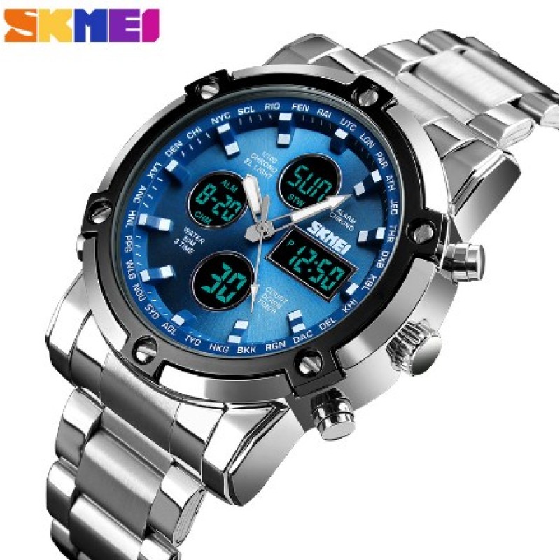 Мужские часы Skmei 1389BU Silver-Black-Blue со стрелочно-электронным циферблатом и подсветкой