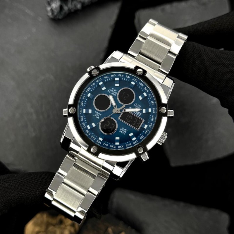 Мужские часы Skmei 1389BU Silver-Black-Blue со стрелочно-электронным циферблатом и подсветкой