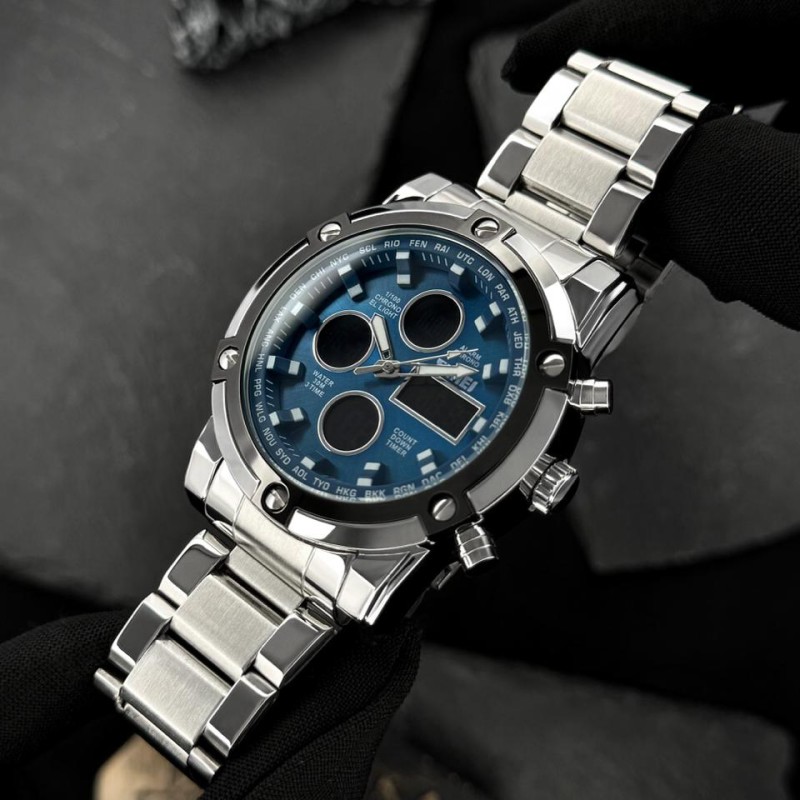 Мужские часы Skmei 1389BU Silver-Black-Blue со стрелочно-электронным циферблатом и подсветкой