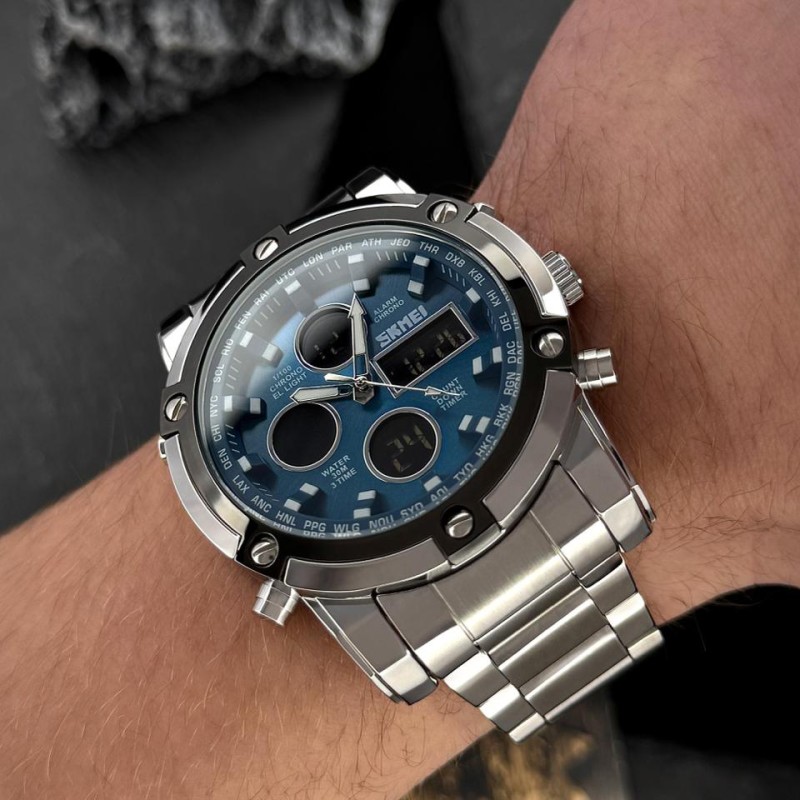 Мужские часы Skmei 1389BU Silver-Black-Blue со стрелочно-электронным циферблатом и подсветкой