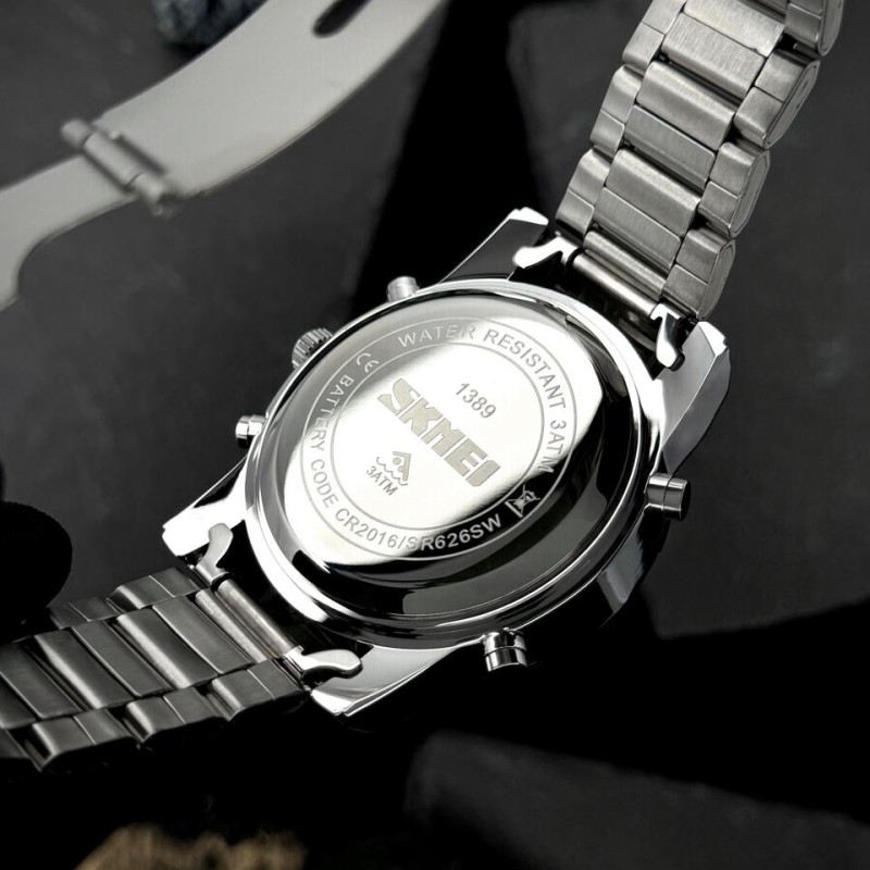 Мужские часы Skmei 1389BU Silver-Black-Blue со стрелочно-электронным циферблатом и подсветкой