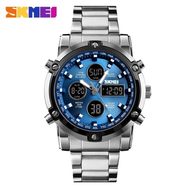 Мужские часы Skmei 1389BU Silver-Black-Blue со стрелочно-электронным циферблатом и подсветкой