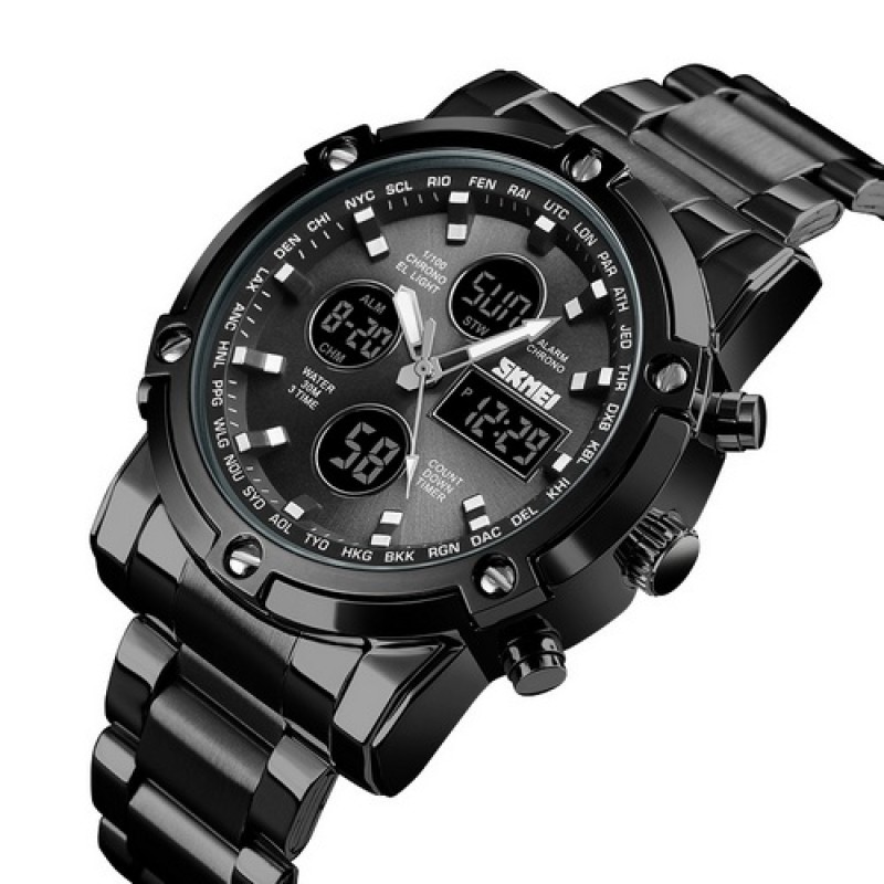 Мужские часы Skmei 1389BK All Black с комбинированным циферблатом и металлическим браслетом
