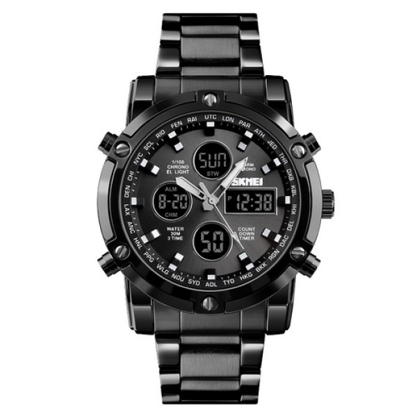 Мужские часы Skmei 1389BK All Black с комбинированным циферблатом и металлическим браслетом