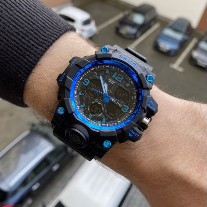 Мужские спортивные часы Skmei 1155 Black Blue с комбинированным циферблатом и подсветкой