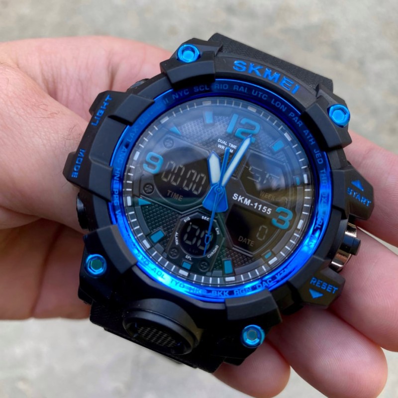 Мужские спортивные часы Skmei 1155 Black Blue с комбинированным циферблатом и подсветкой