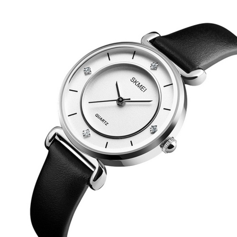 Жіночий класичний годинник Skmei 1330LSI Black-Silver-White з мінеральним склом та шкіряним ремінцем