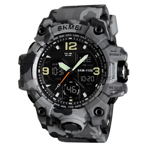 Мужские спортивные часы Skmei 1155B Military Gray с комбинированным циферблатом и водозащитой 5 ATM