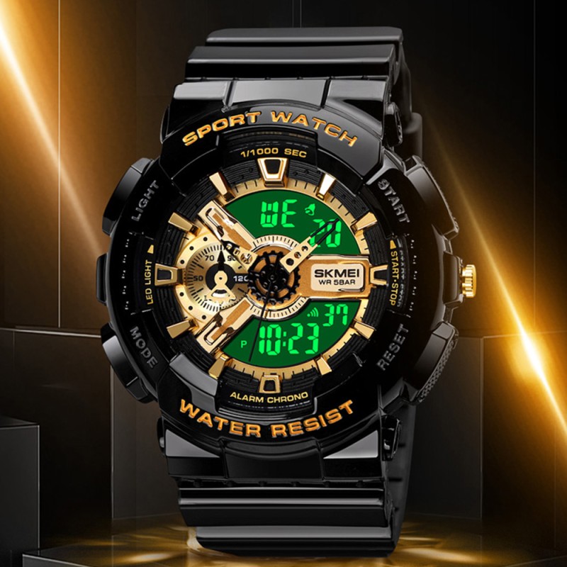 Чоловічий спортивний годинник Skmei 1688 Black-Gold з комбінованим циферблатом та підсвічуванням