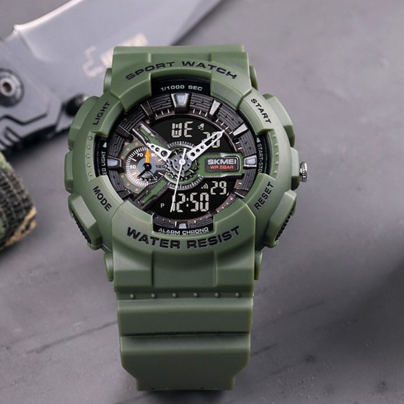 Чоловічий тактичний годинник Skmei 1688AG Army Green з комбінованим циферблатом та водозахистом 5 ATM