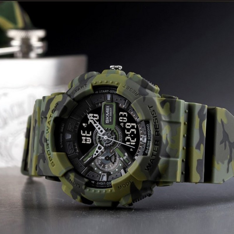 Чоловічий тактичний годинник Skmei 1688 Green-Black Military з комбінованим циферблатом та підсвічуванням