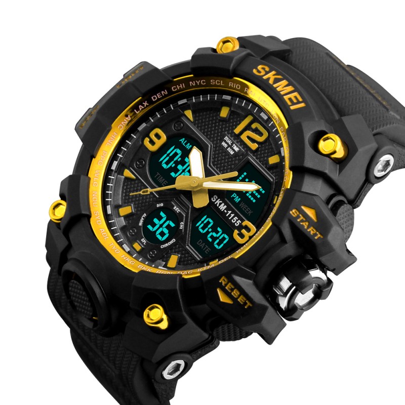 Мужские спортивные часы Skmei 1155 Black-Gold с комбинированным циферблатом и подсветкой