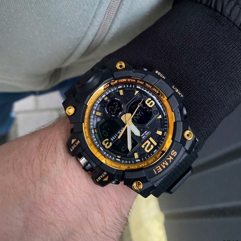 Мужские спортивные часы Skmei 1155 Black-Gold с комбинированным циферблатом и подсветкой
