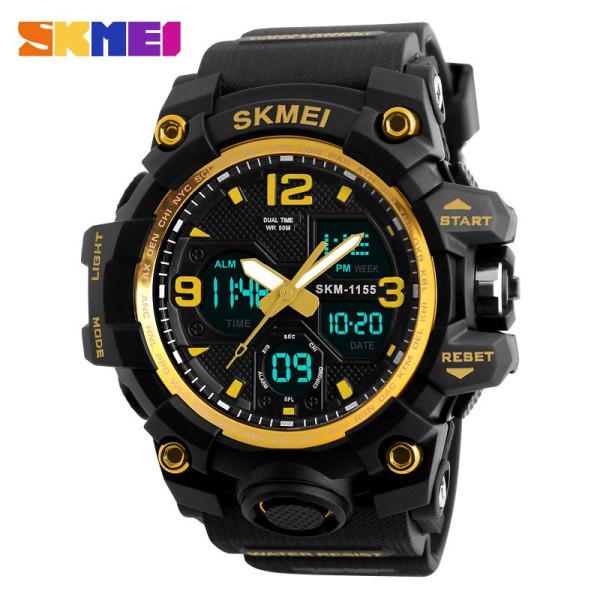 Мужские спортивные часы Skmei 1155 Black-Gold с комбинированным циферблатом и подсветкой