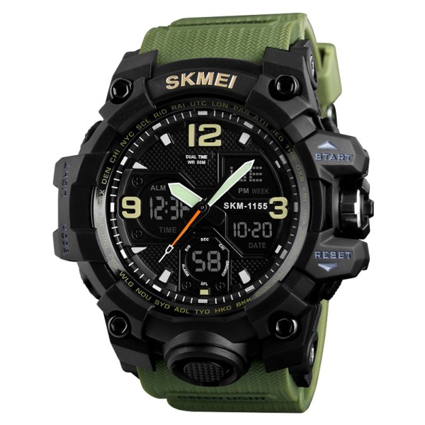 Чоловічий спортивний годинник Skmei 1155 Black-Military тактичний з комбінованим циферблатом