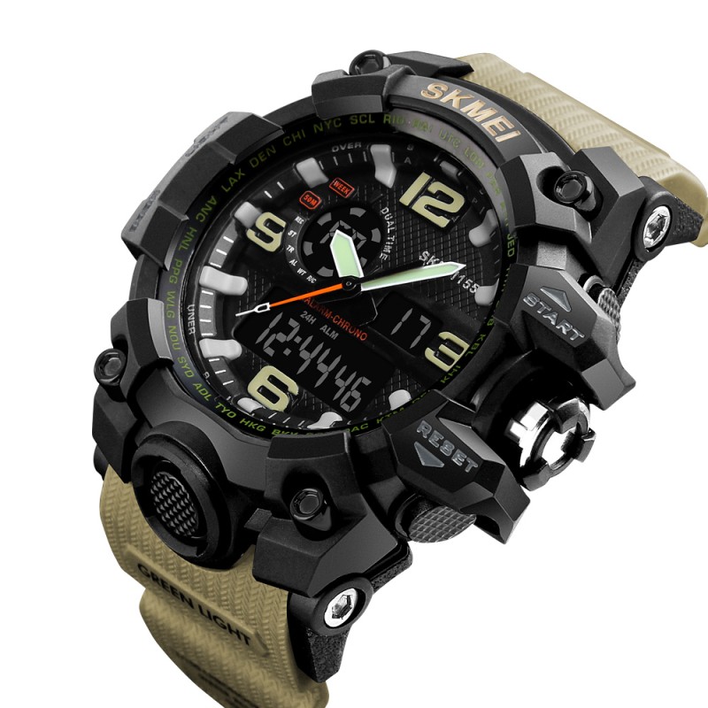 Мужские спортивные часы Skmei 1155 Black-Khaki с двойным циферблатом и подсветкой