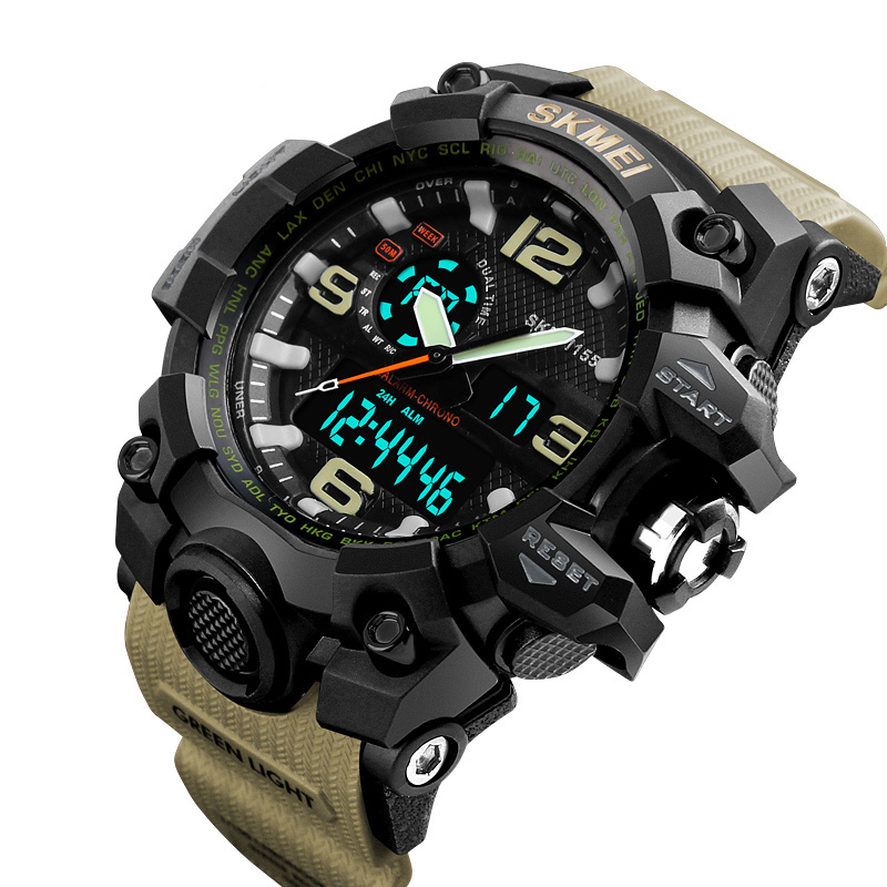 Мужские спортивные часы Skmei 1155 Black-Khaki с двойным циферблатом и подсветкой