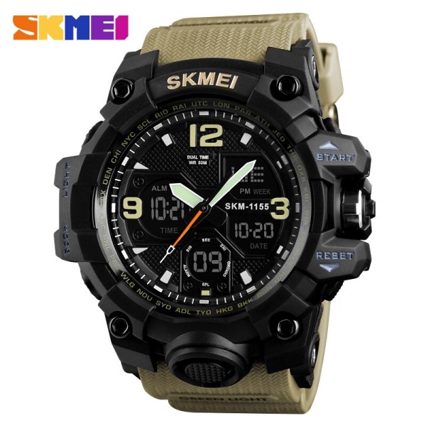 Мужские спортивные часы Skmei 1155 Black-Khaki с двойным циферблатом и подсветкой