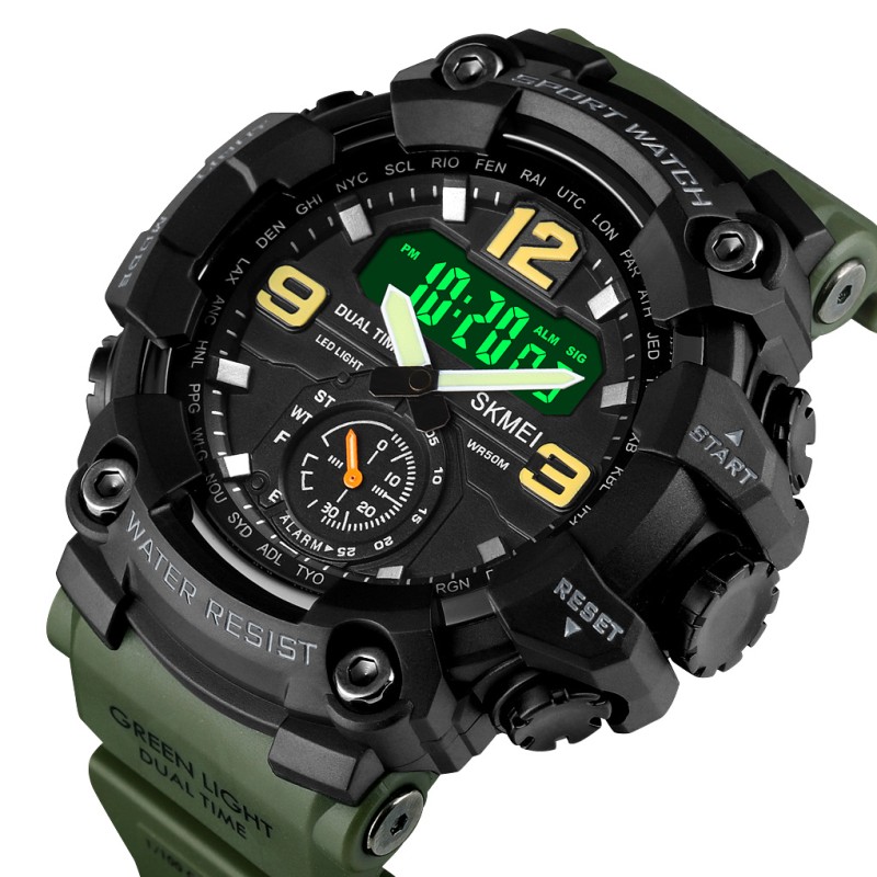 Мужские тактические часы Skmei 1637AG Army Green со стрелочно-электронным циферблатом и подсветкой