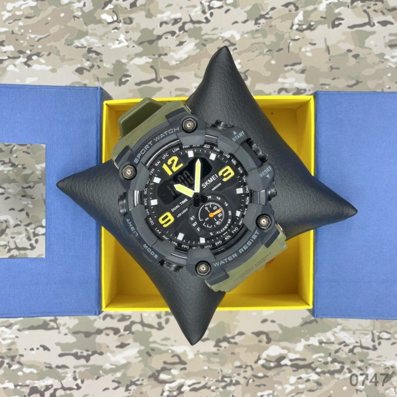Мужские тактические часы Skmei 1637AG Army Green со стрелочно-электронным циферблатом и подсветкой