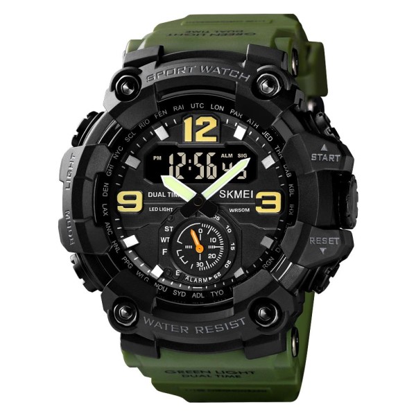 Мужские тактические часы Skmei 1637AG Army Green со стрелочно-электронным циферблатом и подсветкой
